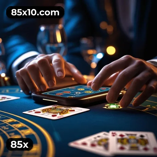 App 85x para iOS e Android — interface mobile, login biométrico e PIX integrado